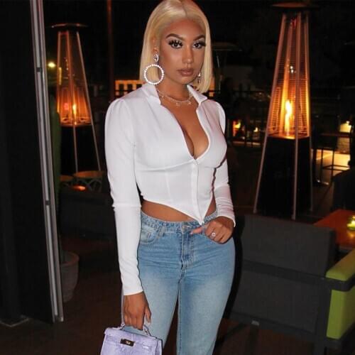 Women Sexy Deep V Neck Long Sleeve Crop Tops Clubwear Fall Winter White Corset Top Tshirts High Street Wear