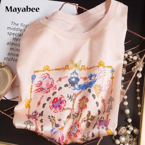 Silk Stitching Age Reduction European And American Style Printed Short T-Shirt 2021 Womens Spring Summer New