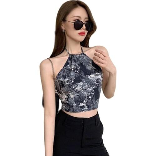 Womens Retro Print Halte Bandage Slim Vest Sexy Exposure Navel Camisole Tank Tops
