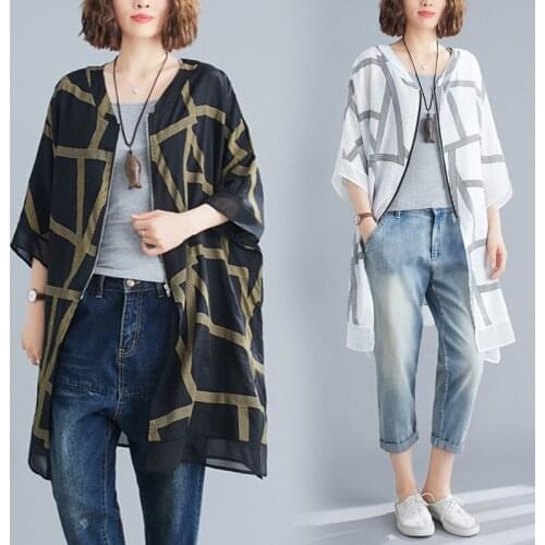 Summer Plus Size Jackets Coats Women Clothing Vintage Print Striped Windbreaker Outerwear Loose Casual Zipper Cardigan Thin Tops