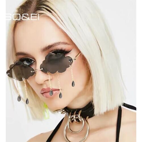 SO&EI Fashion Unique Rimless Cloud Shape Water Drops Pendant Women Sunglasses Clear Ocean Lens Eyewear Female Sun Glasses Shades