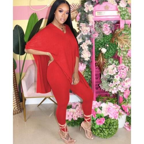 Women Sport Two Piece Set V-neck Side Split T-shirt Leggings Pants Jogger Sweatpants Suit Tracksuit Matching Set Outfits solid