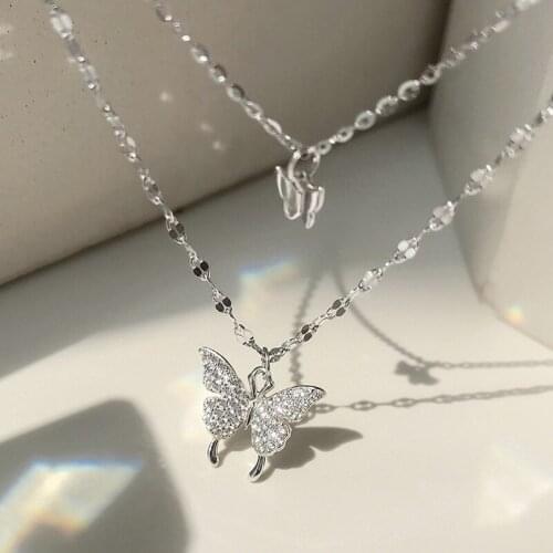 KOFSAC Luxury Vintage Butterfly Necklace 925 Sterling Silver Jewelry For Women 2021 Fashion Gifts Double Chain Zircon Necklaces