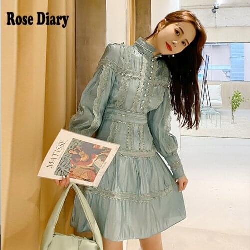 RoseDiary Green Embroidered Flares Chic Dress Vintage Palace Turtleneck Puff Sleeve Lace Loose Casual Dresses Retro Lady Vestido