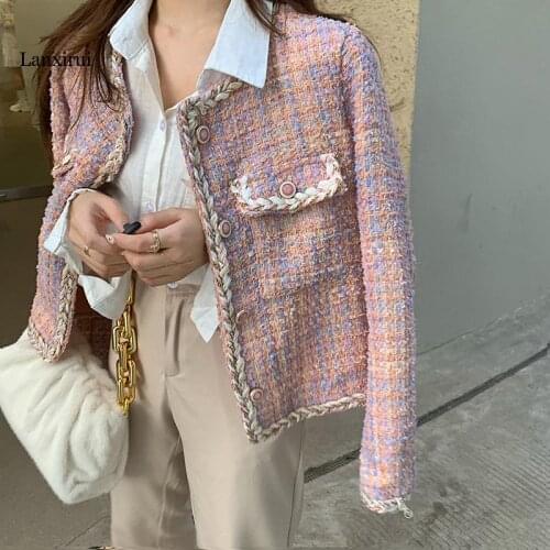 Chic Work Wear Women Pink Plaid Wool Tweed Coat Jacket Casual High Quality Warm Overcoat Fashion Tweed Coats With Two Pockets