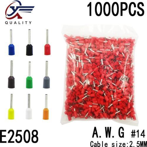 1000pcs/Pack Block-Cord Terminal Insulated-Ferrules End-Wire-Connector Electrical-Crimp-Terminator Tubular-AWG E2508