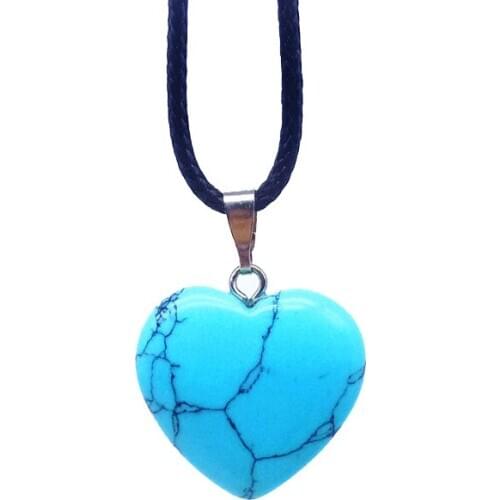 20 mm Stone 23 Colors Heart Charm Pendant Necklace Black Wire Cord Rope Chain Opal Onyx Jaspers Lava Jades Hot Sale