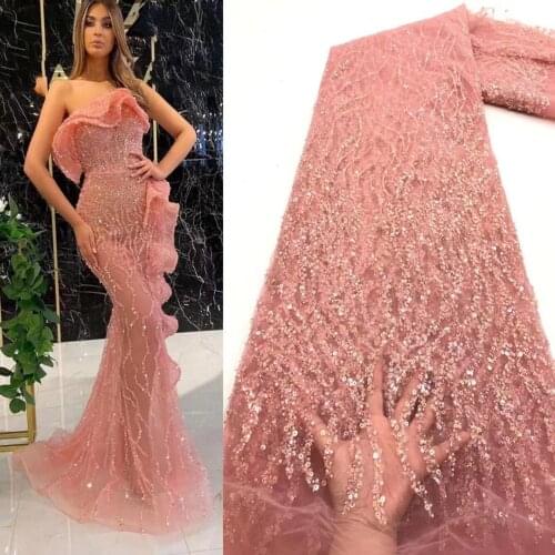 5yards/pc) High quality peach French net lace with beads sequins embroidery African tulle lace for wedding party dress FZZ032