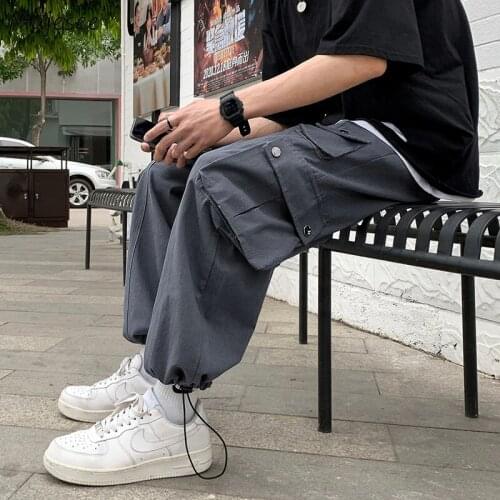 Men Casual Pants Cargo Ankle Length Trousers Pockets Loose Wide Leg Elastic Waist Harajuku Hip-hop Summer Vintage All-match Chic