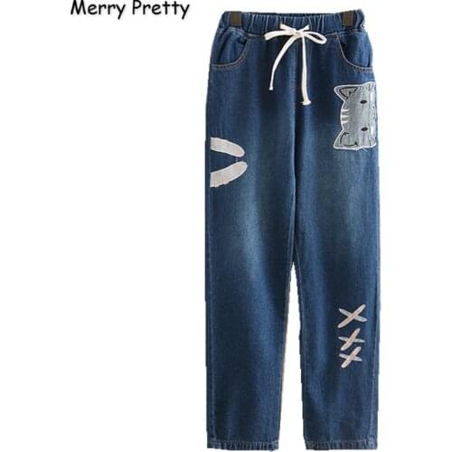 Womens Denim Pants Cartoon Cat Embroidery Pockets Drawstring Jeans For Girl 2020 Spring New High Waist Casual Pant MERRY PRETTY