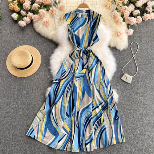 Elegant Office Womens Summer Mixi Dress Fashion Robe Blue Print Sleeveless Ladies Bandage Dress Female Vestidos 2021