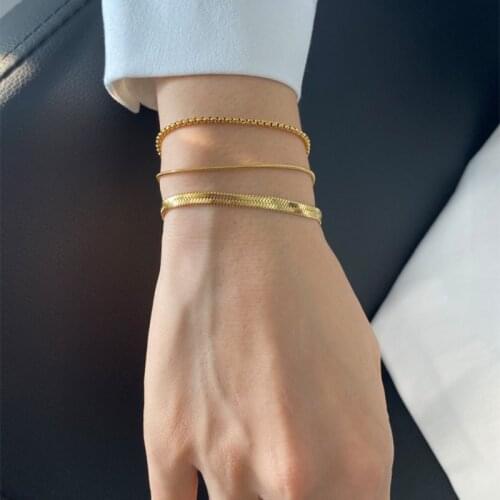 Daily Flat Snake Chain Stacking Bracelet For women Gold Plated Stainless Steel Thin Snake Bone Chain Square chain Bracelet