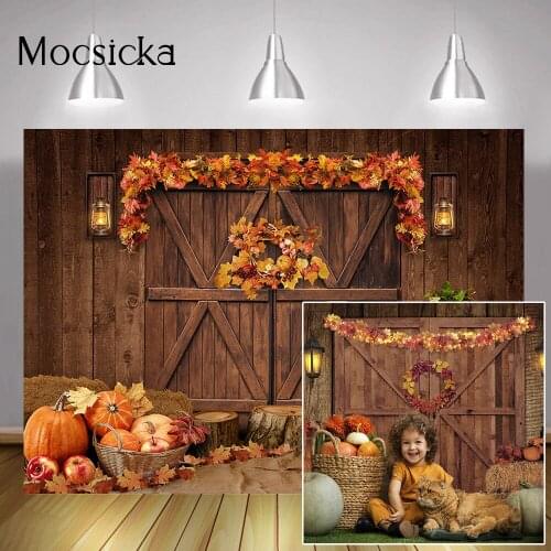 Autumn Thanksgiving Backdrop Fall Barn Rustic Old Wood Door Harvest Background Pumpkin Maple Leaf Birthday Portrait Photo Studio