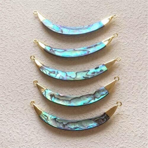 FUWO Natural Abalone Shell Double Loops Pendant With Gold Brass Plated Fashion Personality Long Horn Jewelry For Women PD501