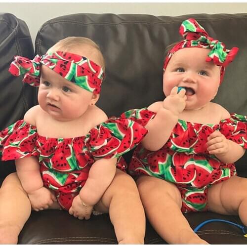 2PCS Fashion Infant Baby Girl Cotton Fry Sleeve Watermelon Print Summer Romper Jumpsuit Playsuit +Headband Summer Clothes Sets