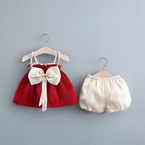Summer Girls 2pcs Princess Clothes Set Infants Baby Kids Children Spaghetti Big Bow Dresses Tops + Short Pants Sweet Outfit