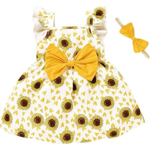 Summer Newborn Baby Flower Clothes Toddler Baby Girls Fly Sleeve Sunflower Floral Print Princess Dress+headbands Infant Clothing