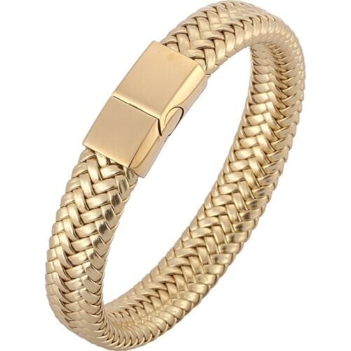 Fashion Golden Leather Braided Bracelet Men Jewelry Gold / Black / Silver Color Stainless Steel Magnetic Clasp Male Bangles