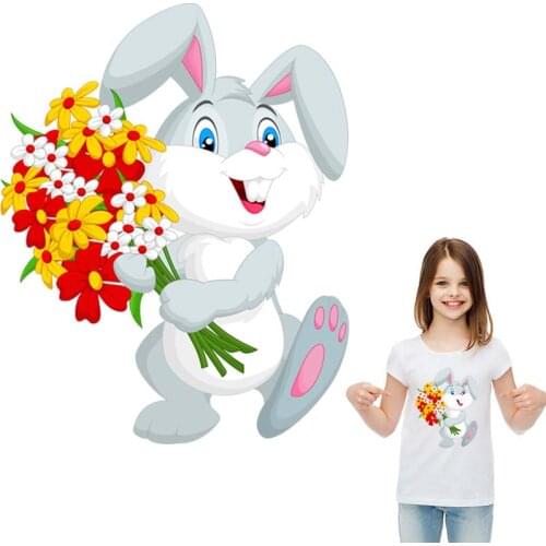 Cute Rabbit Flower Iron On A-Level Washable Diy Stripe Thermal Transfer Garment Patches Print On Jeans T-Shirt Dresses