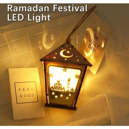 Muslim Islam Eid al-Fitr Decorative Light Wooden Hanging Light Eid Ramadan LED Night Light Moon Star Hanging Lantern Light D30
