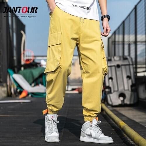 2021 Men Multi-pocket Elastic Waist Design Harem Pant Street Punk Hip Hop Yellow Casual Trousers Joggers Male Army Cargo Pants
