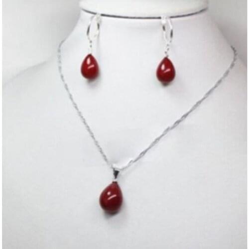 Rare Real Coral Red Drop South Sea Shell Pearl Pendant Necklace Earrings A Set