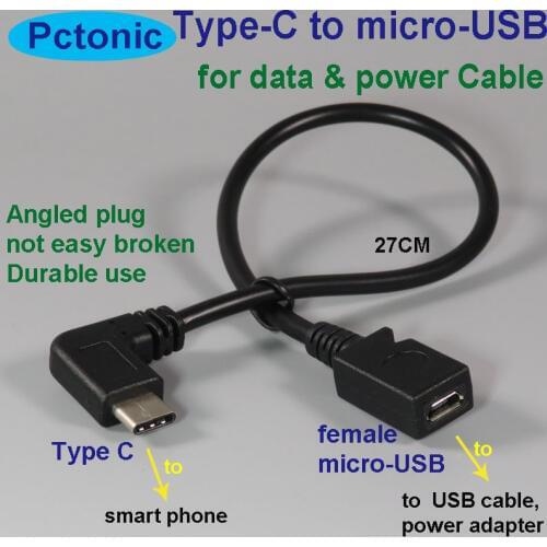 PCTONIC USB Type-C to Micro-USB Female Data Power adapter Cable USB-C 90 Degree Right Angled bend elbow bent connector convertor