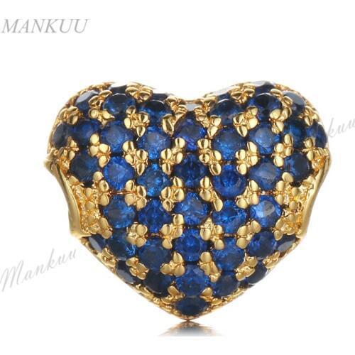 Blue CZ Zircon Micro Pave Heart Shape Pendant with Hole Design 4 Color Plate Copper Beads for Necklace Making Jewelry Accessory