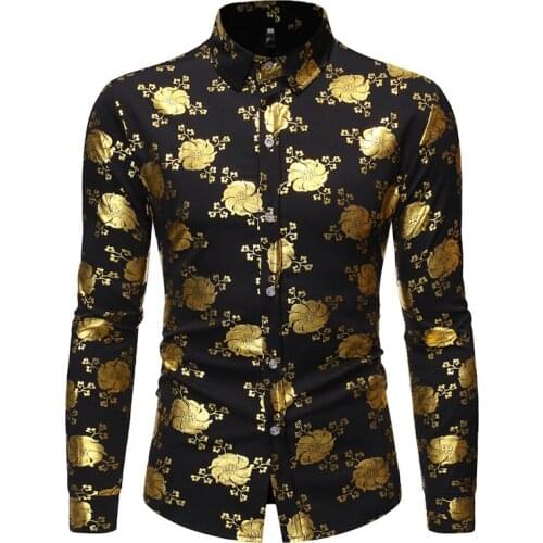 Gold Floral Print Men Shirt 2020 Luxury Brand Mens Dress Shirts Slim Long Sleeve Shirt Men Nightclub Prom Shirt Camisa Social