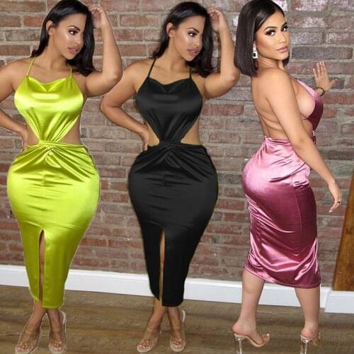Sexy Satin Backless Bodycon Dress Women Elegant Halter High Split Off Shoulder Night Club Wear Party Midi Dresses Robe Femme