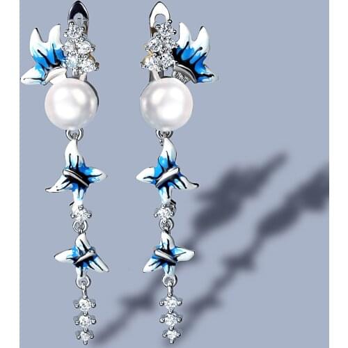 Elegant Blue and White Flower Earrings Long Tassel Earrings Pearl Butterfly Earrings 925 Silver Womens Jewelry Handmade Enamel