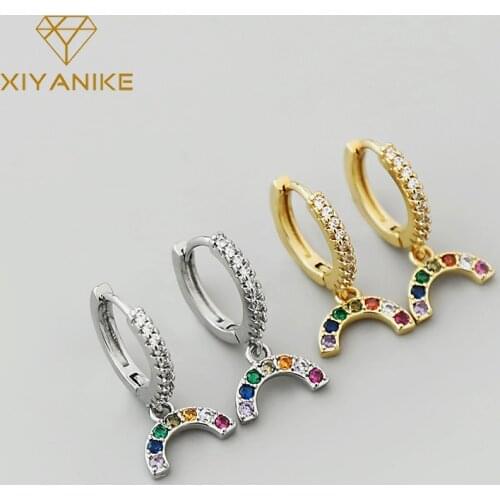 XIYANIKE 925 Sterling Silver 2021 Hot Sale Rainbow Multicolored Diamond Pendant Hoop Earrings Female Fashion Sweet Birthday Gift