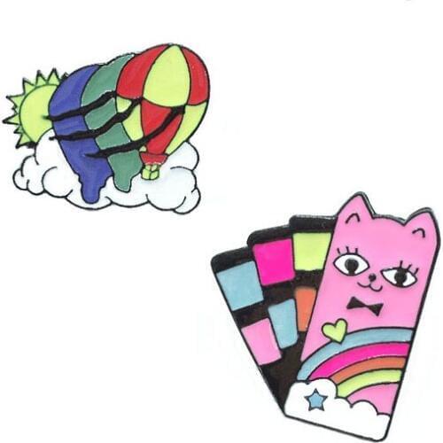 Hot Air Balloon Metal Enamel Brooch Flying on the Cloud Cute Cat Color Eye Shadow Disc Badge Pin Creative Trendy Jewelry Gift