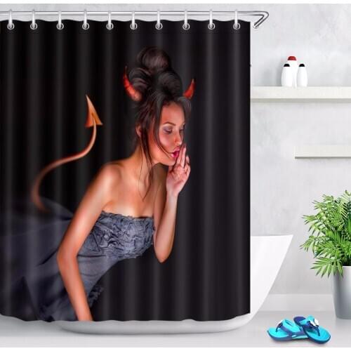 72'' Bathroom Accessory Fabric Shower Curtain Liner Vintage Portait Naught Sexy female devil Polyester Waterproof & 12 Hooks