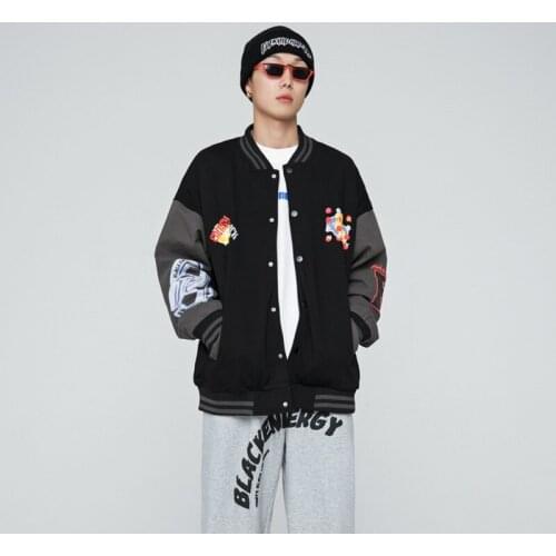 Women Baseball Jacket Hip Hop Patchwork Pattern Open Stitch Cotton Casual Print Male Winter Female Cardigan Jacket Coat