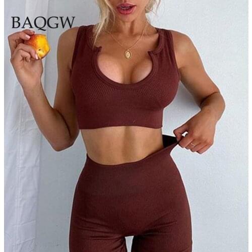 Women Workout Sportswear Gym Clothing Fitness Sleeveless Crop Top High Waist Leggings+Sport Bra Sports Rib Knitted 2 Piece Suits