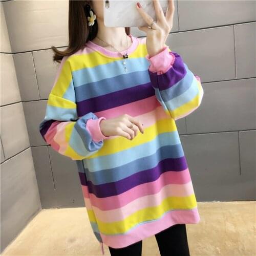 Fashion Rainbow Color Sweatshirt Hoodies Women 2021 Loose Long Sleeve Pullover Female Spring Autumn Oversized Harajuku Striped