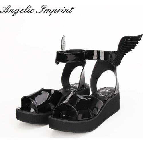 2016 Summer New Arrivals LOLITA COS GOTHIC PUNK Wing Wedge Sandals Shoes BLACK