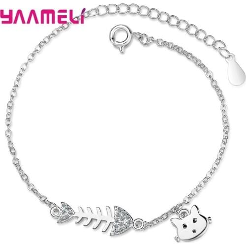Real Silver Womens Cute Rhinestone Fish Cat Shape Chain Gold Bracelet Romantic 925 Sterling Silver New Year Jewelry Wholesale