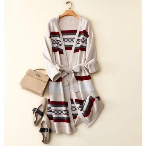 Winter new styles 100% pure cashmere cardigan long knitted women striped outerwear oversized thick open front coat