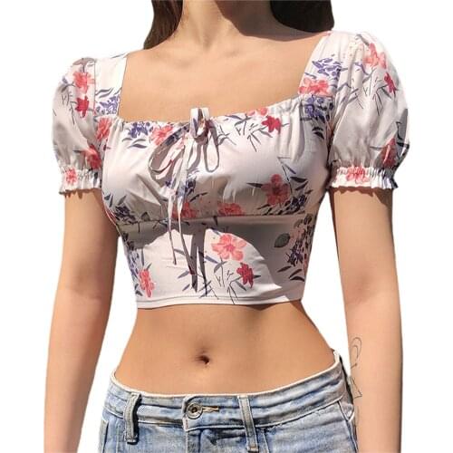 Women Fashion Floral Print Sexy Crop Top Summer Short Sleeve Square Collar Tops for Ladies Low-Cut Chest Dating Girls Tops