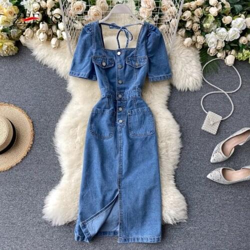 Summer Women Puff Sleeve Square Neck Sexy Backless Lace Up Denim Dress Elegant Female Vintage Single Breasted Midi Jean Dresses