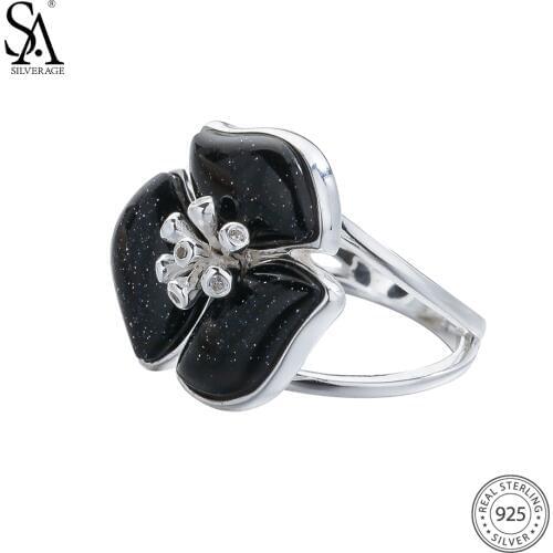 SA SILVERAGE Fine Jewelry Black Ladies Rings With Rhinestones 925 Sterling Silver Aventurine Flower Rings Wedding Ring for Women