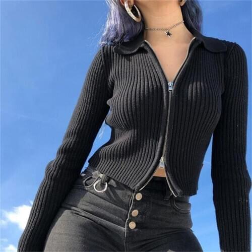 Women Coat Fashion Long Sleeve Tops Casual Blouse Zipper Collar Shirts Autumn Winter Knitwear