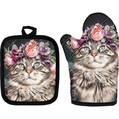 2pcs Oven Mitt and Heat Resistant Pot Holder Pad Cute Cat Flowers Printted Protective Oven Gloves Customize Kitchen Gloves