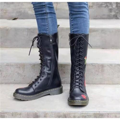 2021 Plus size Chinese style embroidered mid-tube Martin boots lace-up casual square heel leather boots round toe boots