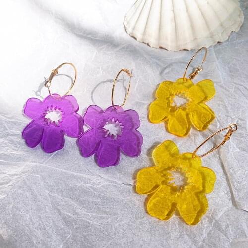 LOVOACC Exaggeration Purple Yellow Color Big Flower Earrings for Women Clear Resin Arcylic Floral Hanging Drop Earrings Brincos