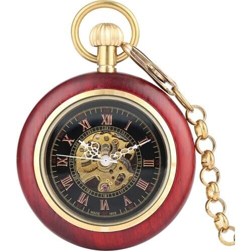 Royal Hollow Skeleton Wood Mechanical Pocket Watch Fashion Hand Winding Steampunk Luxury Carving Fashion Pendant Chain Clock