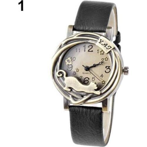 Montre femme Women Vintage Jewelry Cat Flower Case Faux Leather Band Quartz Analog Wrist Watch reloj mujer ladies watch