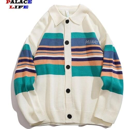 Mens Knitted Sweater Cardigan Striped Lapel Harajuku Sweater Oversize Streetwear Couples Loose Cardigan Pullover Men Women